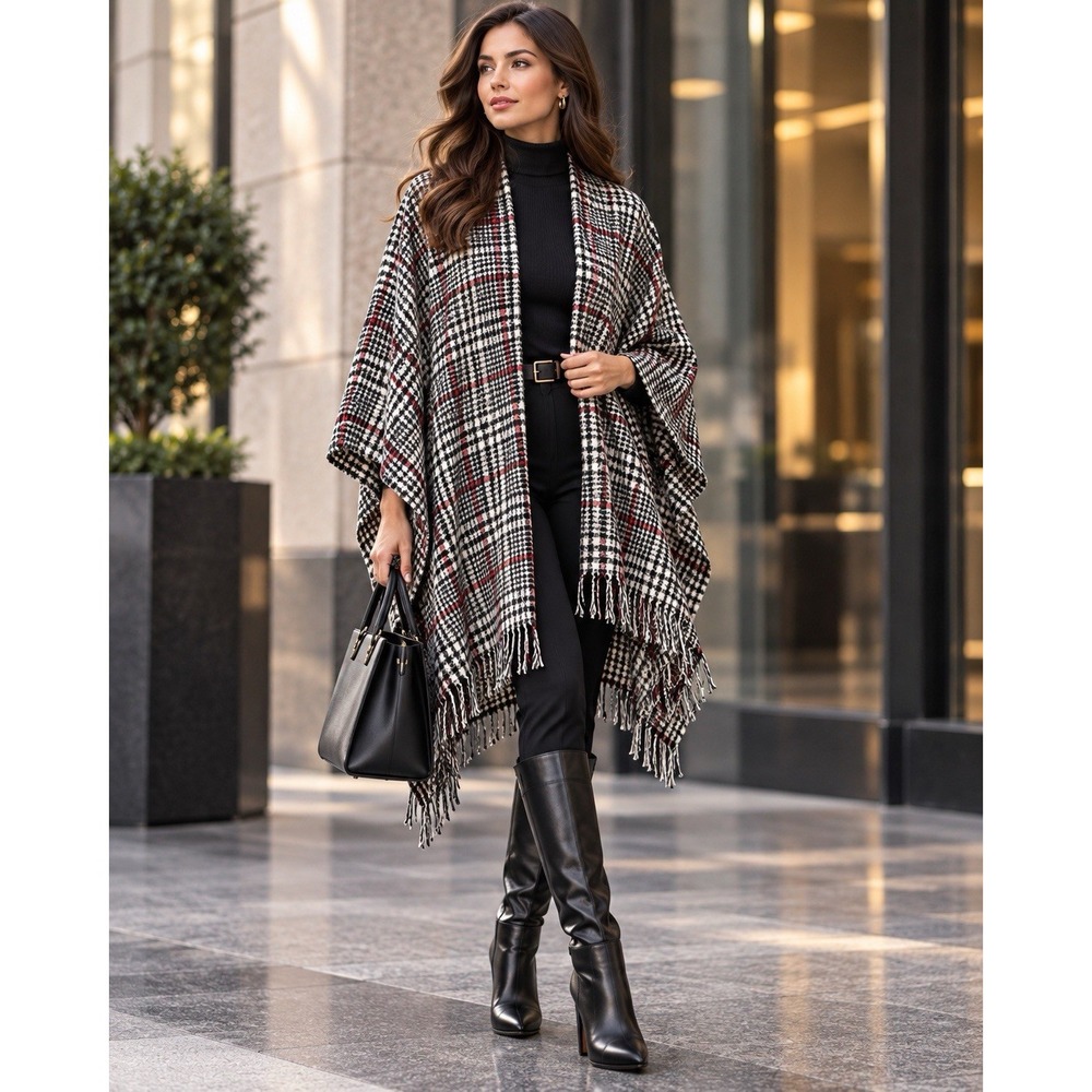 Plaid Houndstooth Cape Poncho One Size Black Cream Red Fringe Shawl Wrap